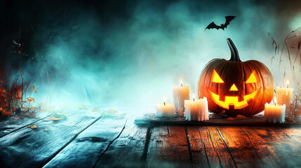 A carved pumpkin with a menacing face glows eerily in a darkened setting, casting flickering shadows on the weathered wooden background, creating a haunting Halloween atmosphere