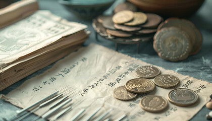 Acupuncture needles, ancient coins and paper with characters on grey textured table, closeup