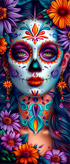 Naklejka premium A woman's face is painted with a skull and flowers. The skull is surrounded by a colorful design, and the flowers are scattered around the face. Scene is dark and eerie
