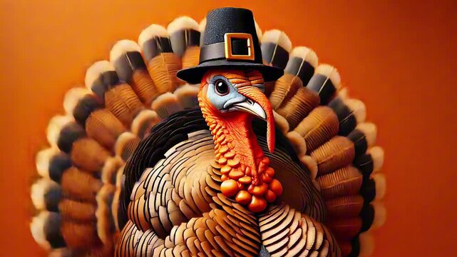 Funny Turkey Bird In Pilgrim Hat for Thanksgiving Holiday Celebration Dancing On Fall  Orange Empty Background 