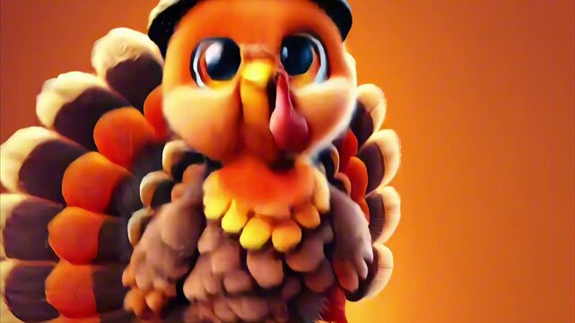 Funny Dancing Cute Turkey Bird In Pilgrim Hat Thanksgiving Celebration On Empty Orange Background