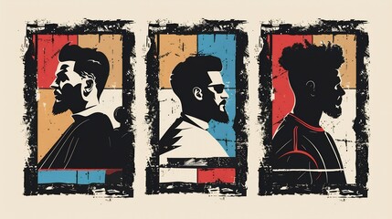 Three Silhouette Portraits of Men with Beards in Colored Frames