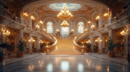 Obraz premium Opulent ballroom adorned with sparkling chandeliers, sweeping grand staircase, luxurious decor, inviting atmosphere, ideal for lavish events and memorable celebrations
