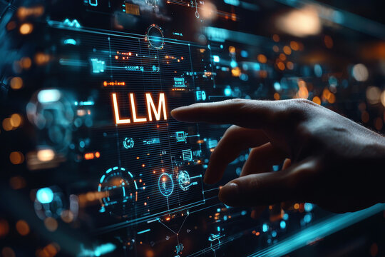 hand hold LLM text icon, AI Large Language Model concept. A language model distinguished by its general-purpose language generation capability. Chat AI.