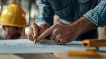 Close-up of hands pointing to blueprint detail during discussion.