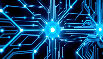 A futuristic computer workstation with multiple monitors displaying various data visualizations and graphs against a dark blue background with glowing lines and shapes