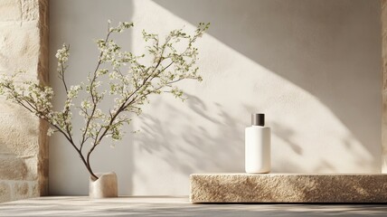Botanical painting blending into landscape with skincare bottle on stone podium.