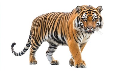 Fototapeta premium A tiger with black stripes and orange fur is walking toward the camera with its mouth slightly open on a white background.
