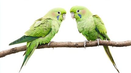 Two green parakeets on a branch isolated on white background