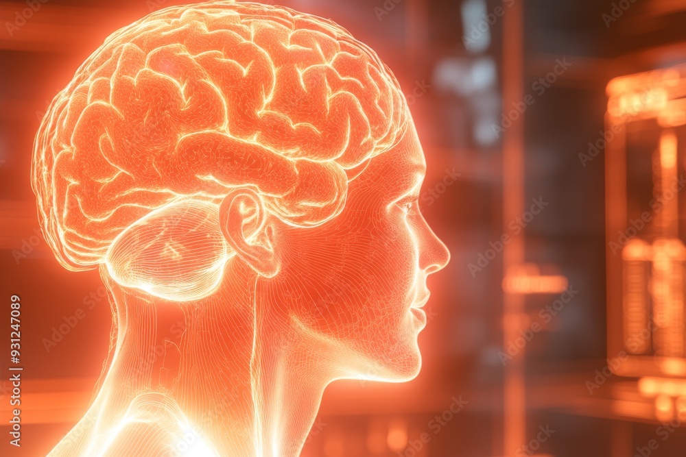 Poster illuminated digital brain profile in neon hues representing cutting edge neural network technology a