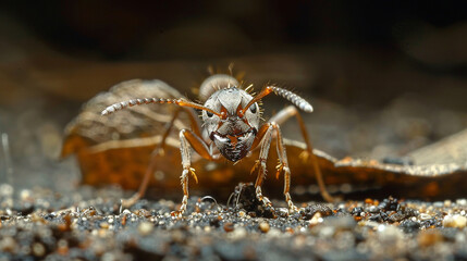 Detailed view of an ant carrying a small leaf, showing the texture of its exoskeleton and strong mandibles