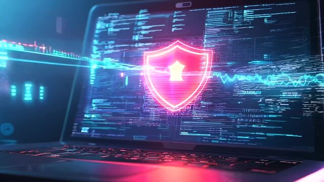 Cybersecurity-themed digital artwork featuring a shield and diverse security icons on a laptop screen, symbolizing the importance of data protection and online safety measures