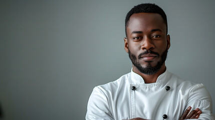 Fototapeta premium Multi Ethnic Professional Chef in a Studio Photoshoot with Plain White and Navy Background