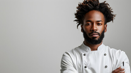 Multiethnic Professional Chef Posing in Studio Photoshoot on Plain White and Lavender Gray Background