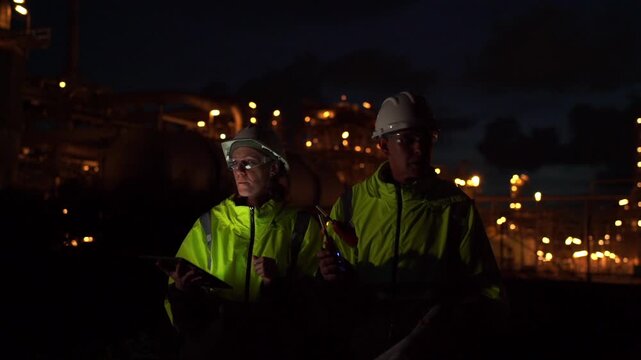 Team Engineer working at night shift with laptop Inside Oil Refinery Gas Chemical plant. Senior Engineer wearing safety jacket and PPE working about Petrochemica Chemical Prodiction 