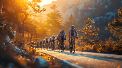 Cyclists Riding in a Peloton on a Winding Country Road during Golden Hour