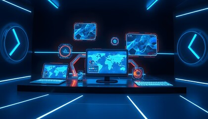 A futuristic digital workspace with glowing neon displays, graphs, and data visualizations on a dark blue background