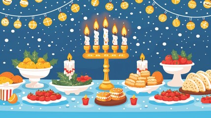 A festive Hanukkah table setting with a menorah, dreidels, and traditional foods, celebrating the oil miracle cartoon Vector Illustration
