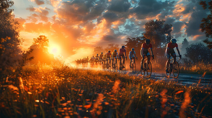 Cyclists Riding in Peloton on Winding Countryside Road at Vibrant Sunset