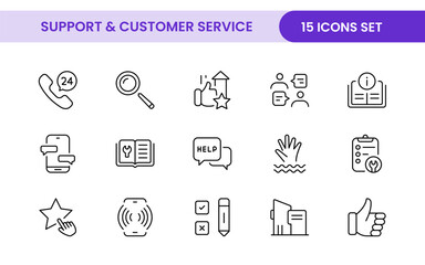 Support and customer service outline style modern icons set. Customer Feedback, Response, experience, helpline and technical support icon illustration