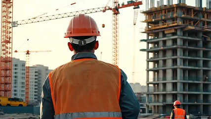 Construction workers from behind, equipped with hardhats, observing the progress of a bustling construction site. Ideal for content focused on building, development, and teamwork