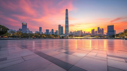 Obraz premium Empty square floor with a modern cityscape skyline at sunset.