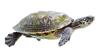 Obraz premium A turtle swimming underwater in a river, its shell with distinct patterns stands out against a light background