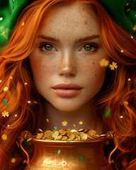 A woman with green eyes and red hair is holding a gold coin in a gold bowl