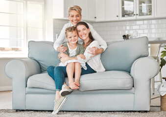 Family, portrait and relax in house for bonding, care and happiness on sofa with joy, embrace and fun. Generations, smile and people with hug for love, relationship and motherhood in lounge on couch