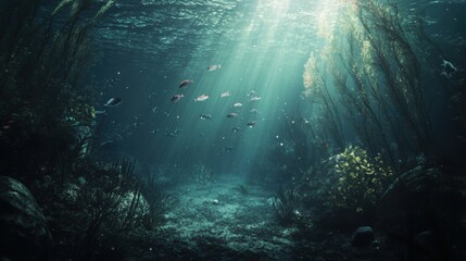 Underwater scene with fish and plant life illuminated by sunlight.