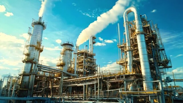 Chemical plant with towering reactors and pipes, illustrating the complexity of industrial processes,.