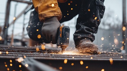 A close-up of a workers hands using a power tool to cut through metal beams at a construction site