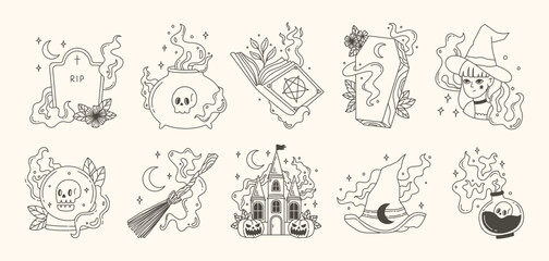 Fototapeta premium Vintage Hand Drawn Halloween Line Art with Witchy Elements Magical Objects and Spooky Decorations Illustrations Set