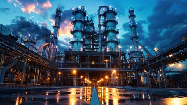 Chemical plant with towering reactors and pipes, illustrating the complexity of industrial processes,.