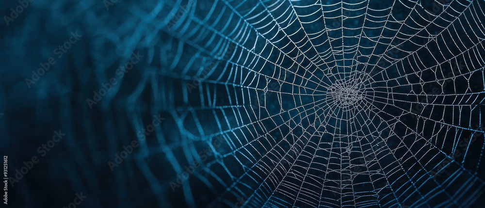 Wall mural close-up image of a spider web with intricate details and dark blue blurred background, showcasing d