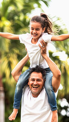 Obraz premium A Happy Father Gives His Daughter a Piggyback Ride