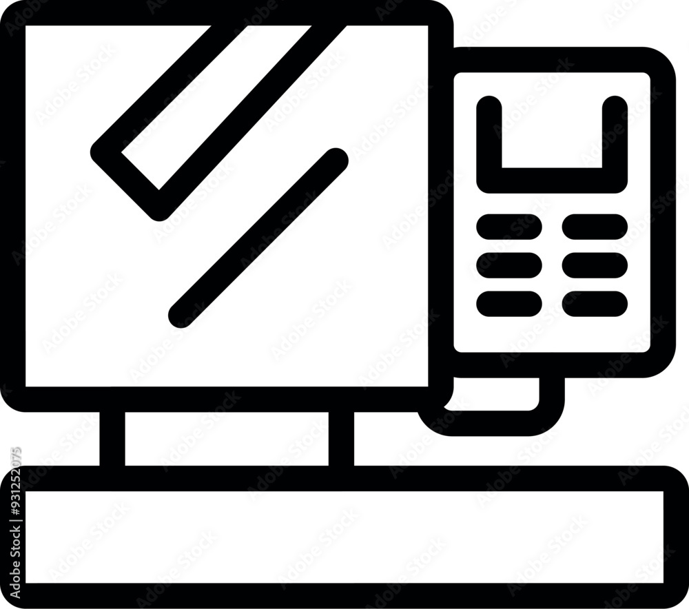 Poster line icon of a pos terminal with monitor, keypad and card reader