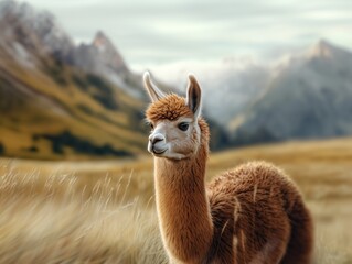 Obraz premium Alpaca, Andean Camelid, Vicugna Close Up in Mountain Wildlife