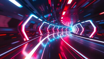 A futuristic, neon-lit tunnel with a red circular light at the end, surrounded by blue and pink streaks of light creating a sense of speed and motion