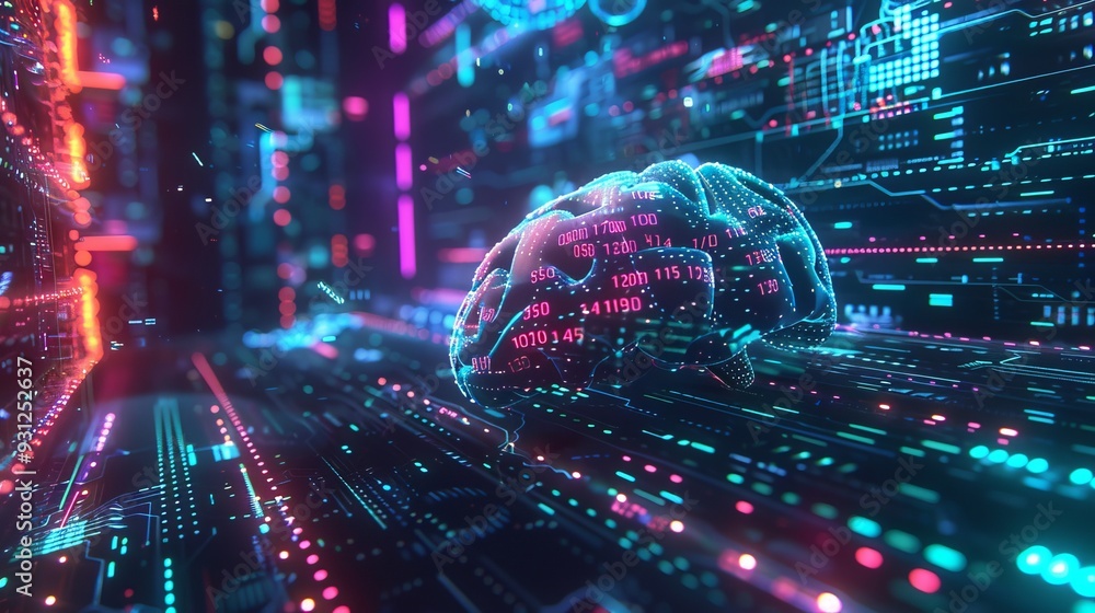 Poster a futuristic representation of a digital brain in a vibrant data environment, symbolizing artificial