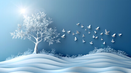 Paper Tree and Soaring Birds Against Tranquil Blue Sky in