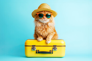 A cat wearing a summer hat resting its paws on a yellow suitcase against a blue background, symbolizing travel and vacation vibes.