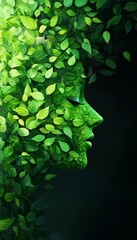 A serene face composed of vibrant green leaves, symbolizing nature and harmony with the environment.