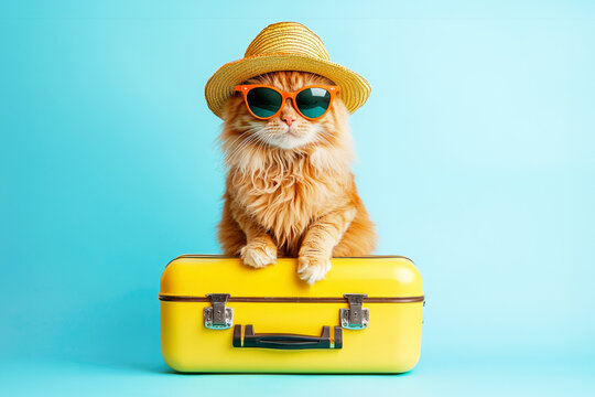 A cat wearing a summer hat resting its paws on a yellow suitcase against a blue background, symbolizing travel and vacation vibes.