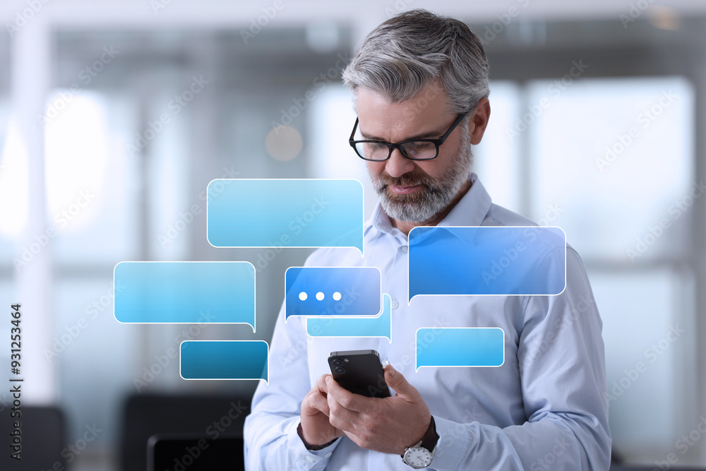 Poster businessman sending message via smartphone in office. speech bubbles near device