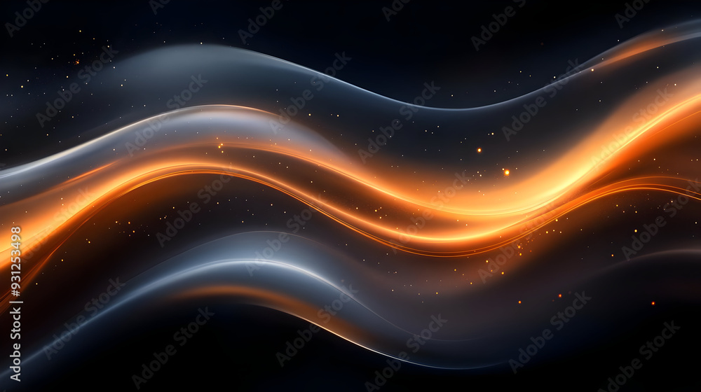Poster abstract waves with glowing elements in dark background.