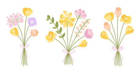 Obraz premium Wildflower bouquets set. Gentle bouquets with poppies, meadow herbs, and wild plants. Flowers tied with ribbons. Vector floral illustration for design projects