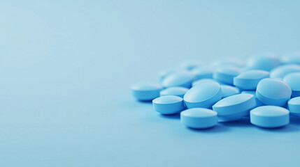 Medication tablets and capsules on blue background. Concept of healthcare and medicine. Top view, copy space