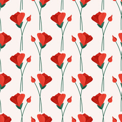 Seamless pattern with red alstroemeria flowers on a beige background. Summer floral vector illustration. Bright spring botanical print, modern style design