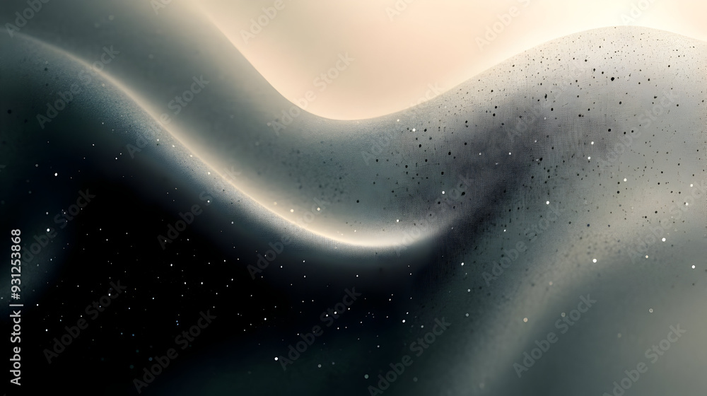Poster abstract waves with shimmering particles in a soft gradient.